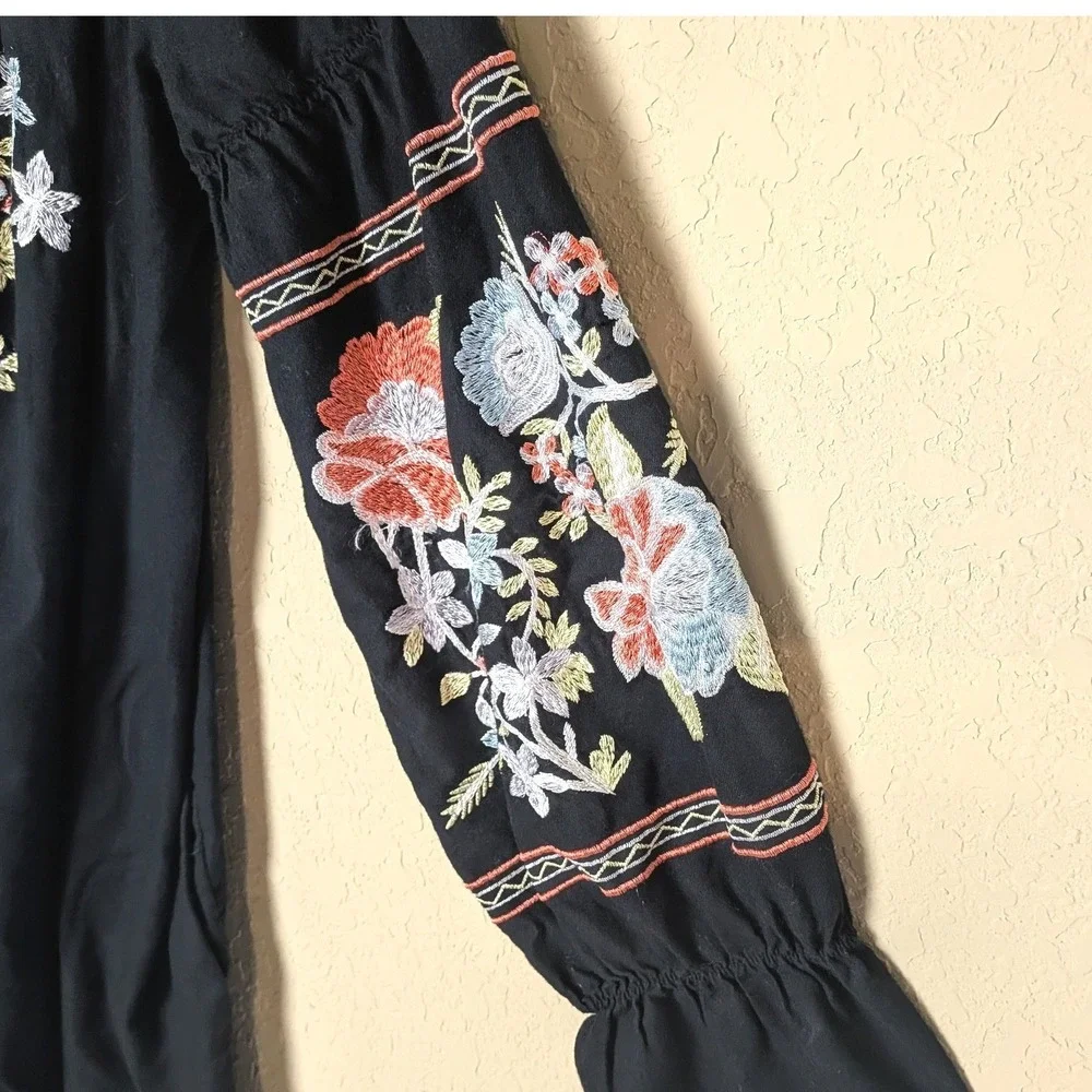Free People Black Embroidered Peasant Tunic Dress Boho Festival Cottagecore Sz L